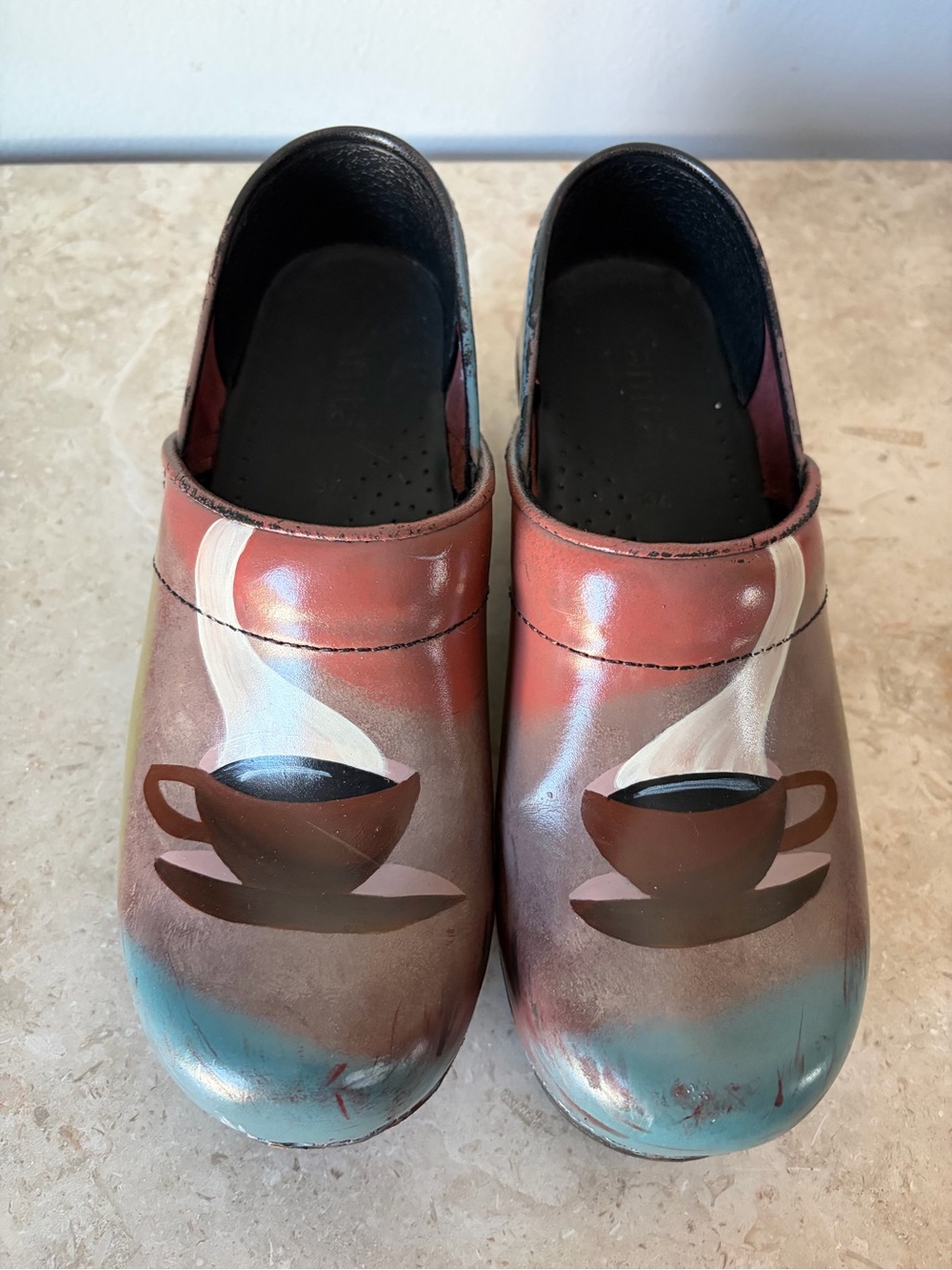 Sanita Nurse Clogs Women's Size 37 US 6 Custom Painted It’s Always Coffee Time